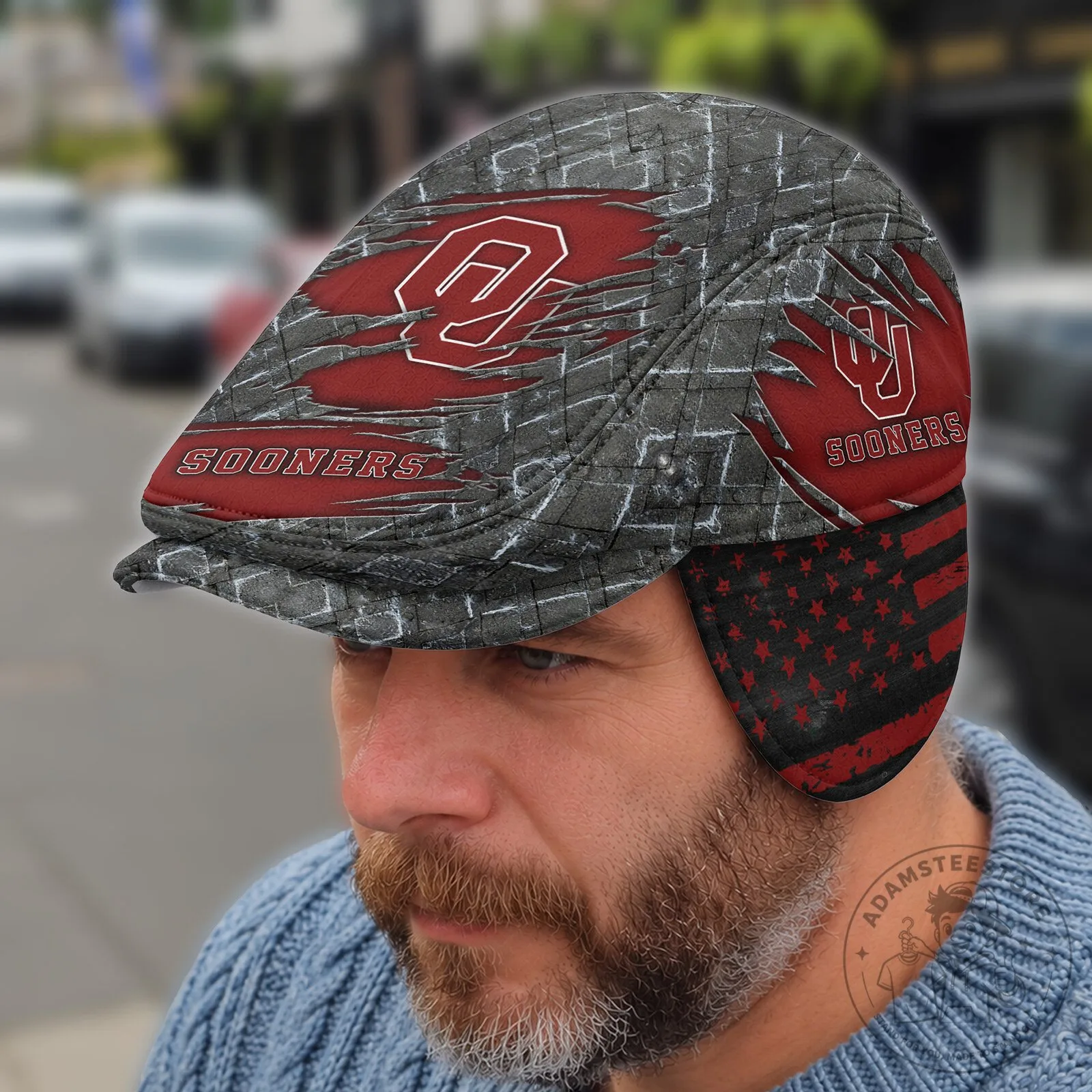 Oklahoma Sooners NCAA Flat Cap with Foldable Ear Flaps and American Flag
