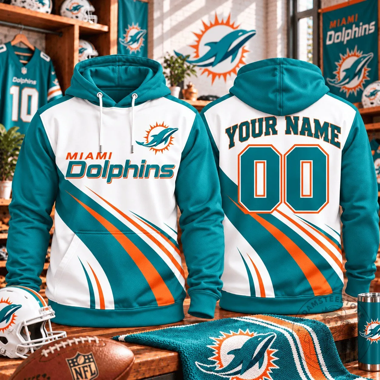 Personalized Hoodie with Name and Number for Miami Dolphins NFL Football Team