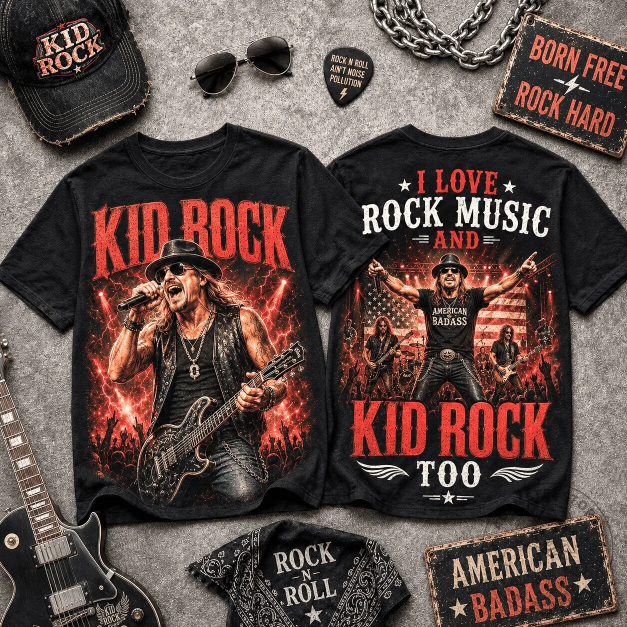 Kid Rock Born Free American Badass Concert Tour Black T-Shirt