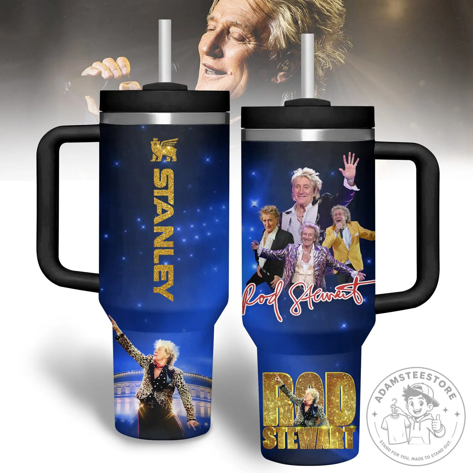 Rod Stewart Music Superstar Fan Art Insulated Stainless Steel Tumbler with Handle