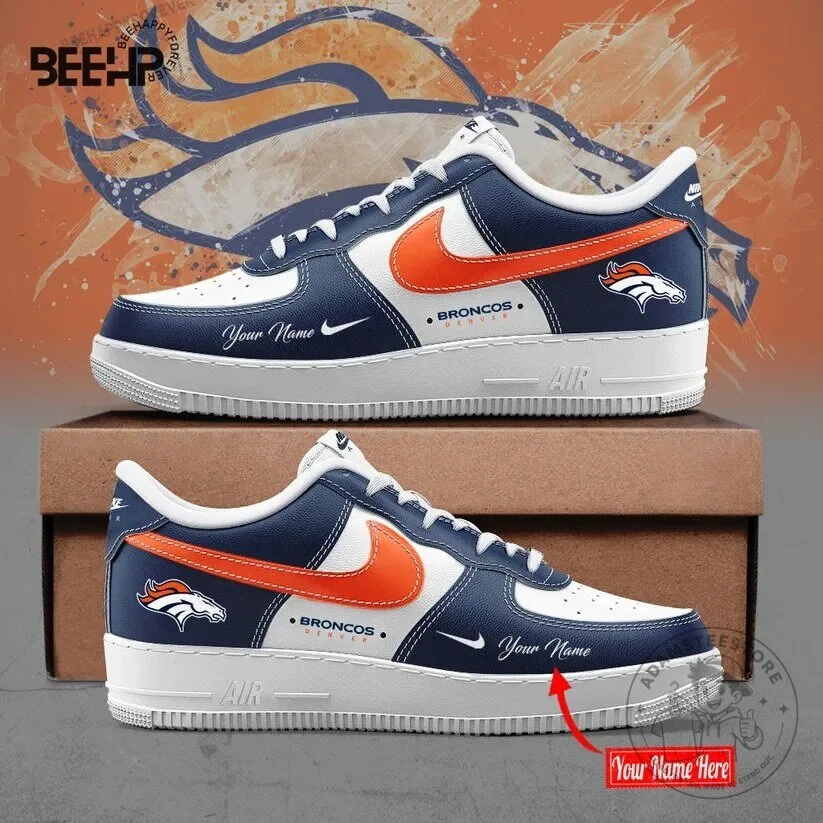 Denver Broncos Custom Name White and Blue Sneakers