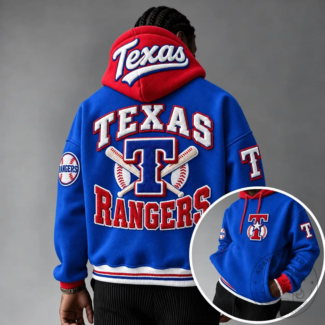 Hoodie in Blue and Red Featuring Embroidered Texas Rangers Baseball Team Logo