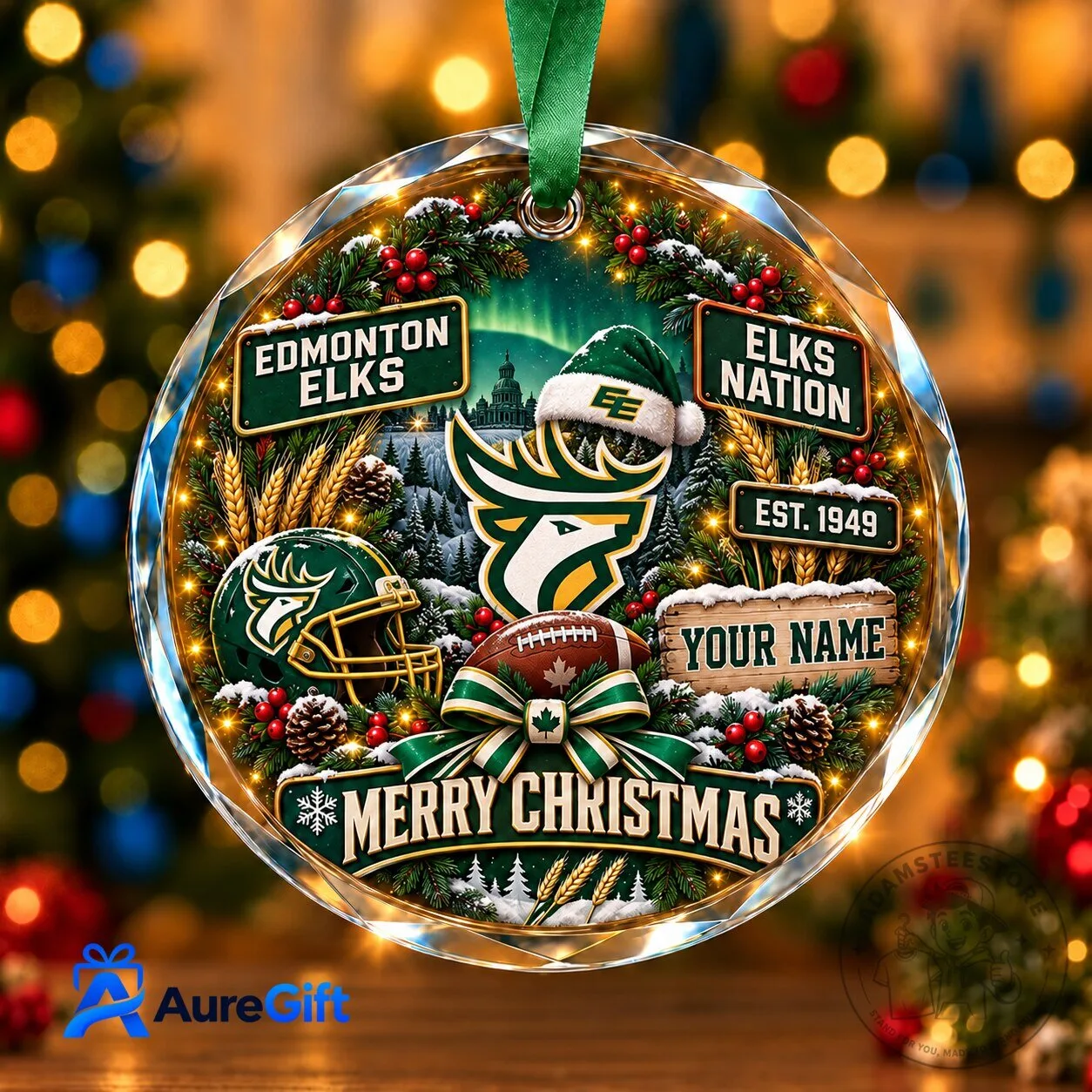 Edmonton Elks Football Christmas Personalized Glass Ornament