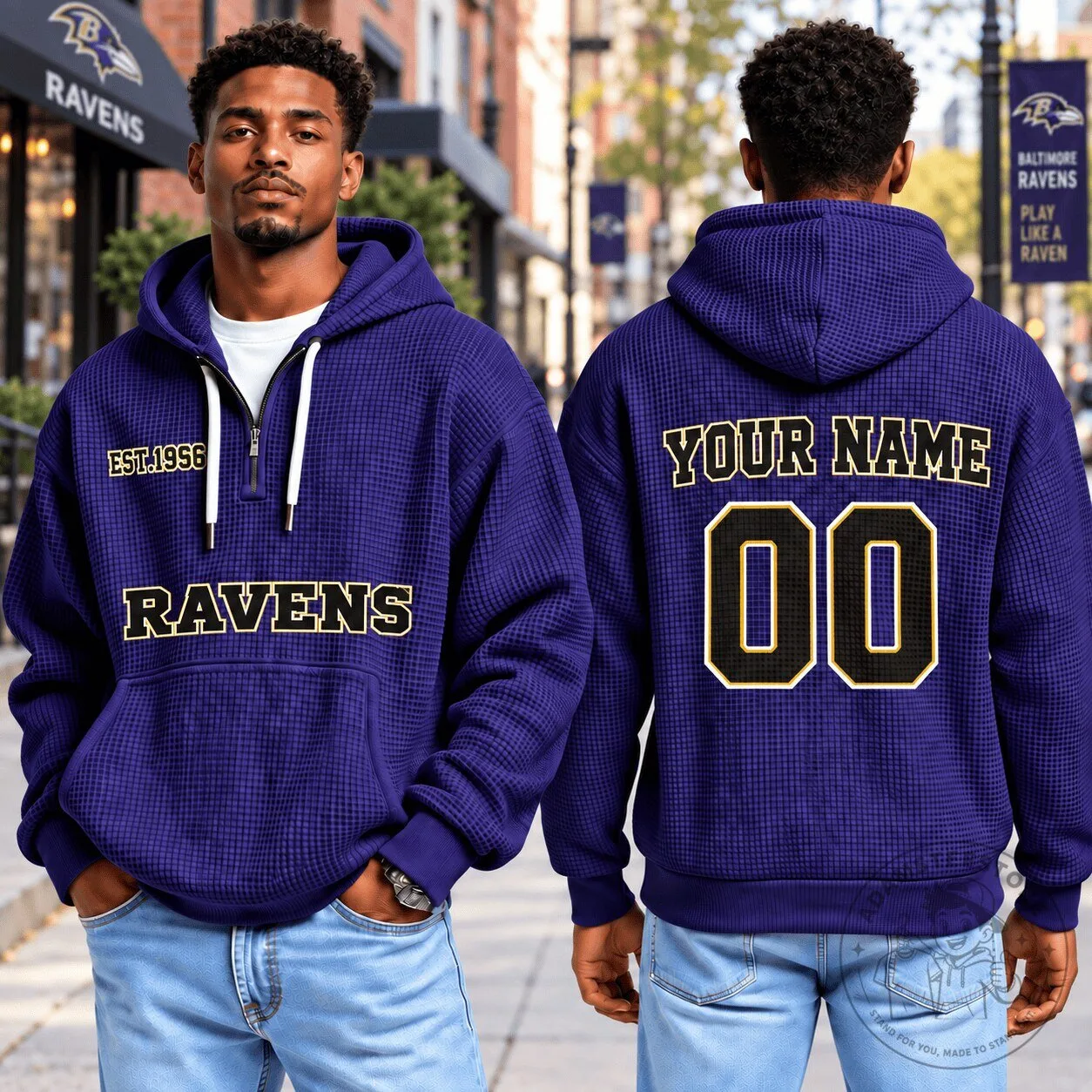 Baltimore Ravens Football Fan Waffle Knit Quarter Zip Hoodie
