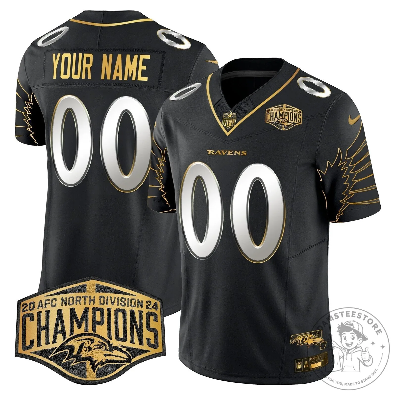 Baltimore Ravens 2024 AFC North Division Champions Black Gold Stitched Jersey