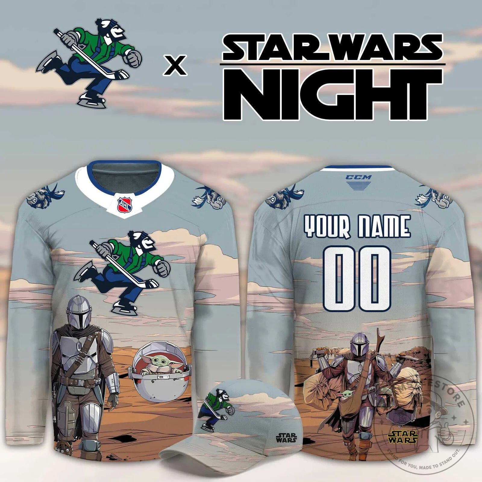 Abbotsford Canucks Star Wars Night Mandalorian Grogu Hockey Jersey