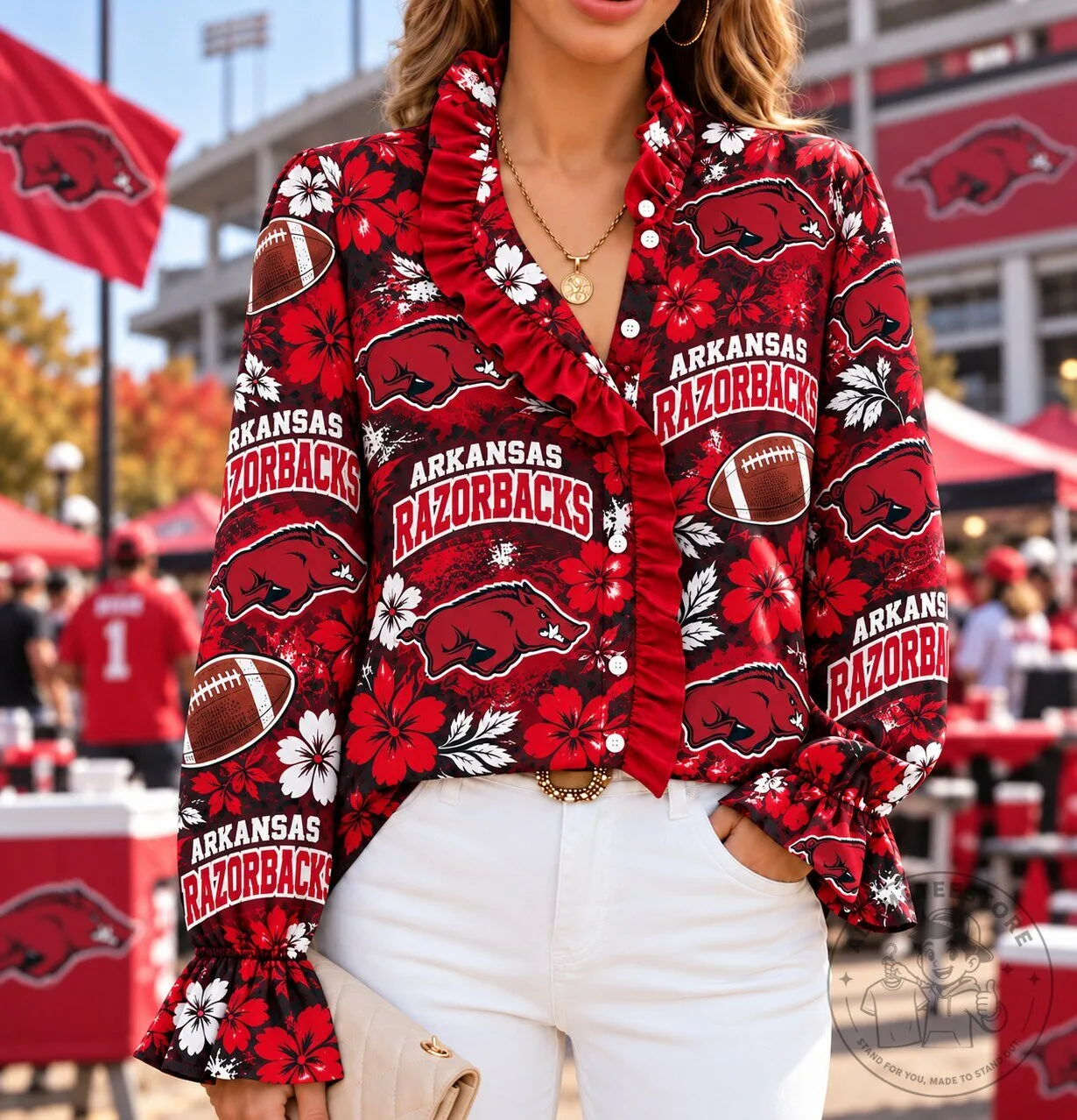 Arkansas Razorbacks Football Floral Ruffle Button Down Long Sleeve Shirt