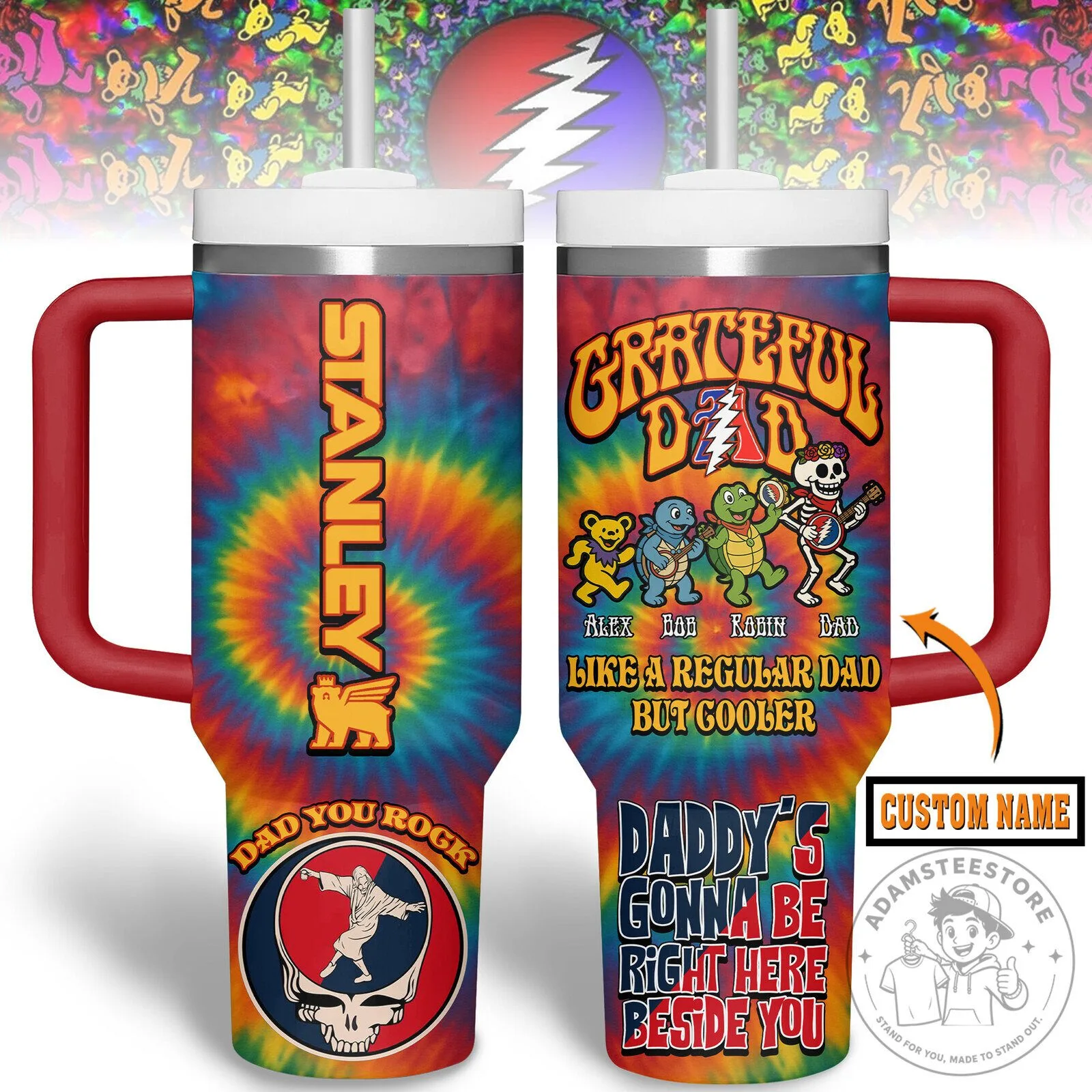 Grateful Dead Personalized Dad Tie Dye 40oz Tumbler with Handle