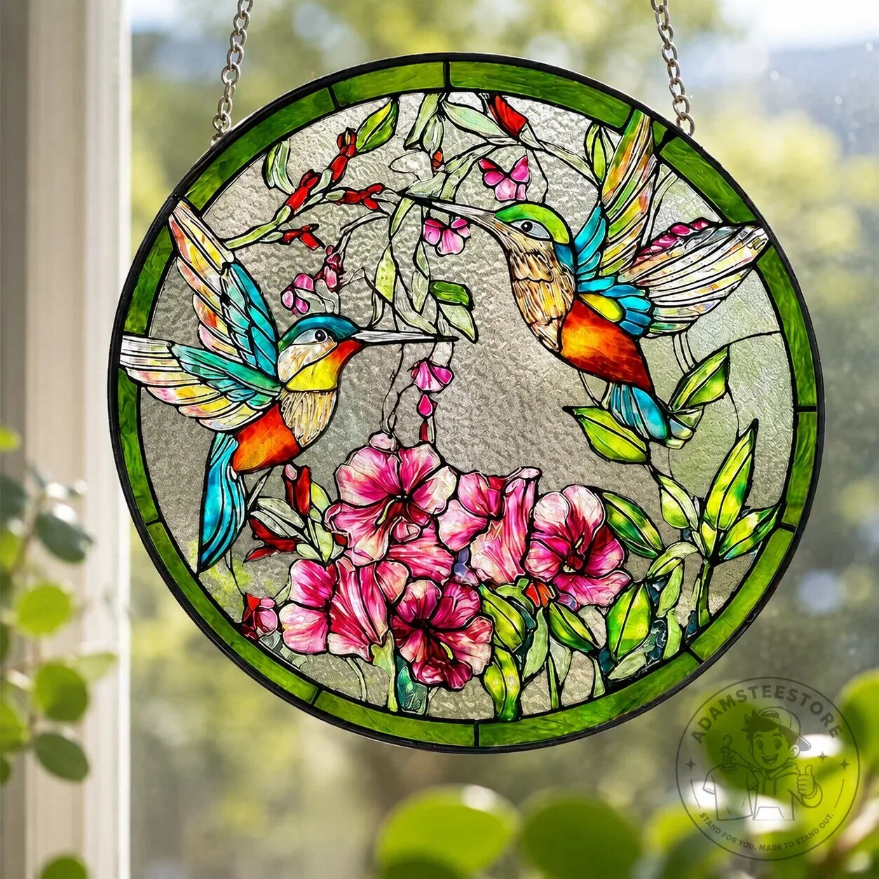 Hummingbird and Flower Stained Glass Window Suncatcher