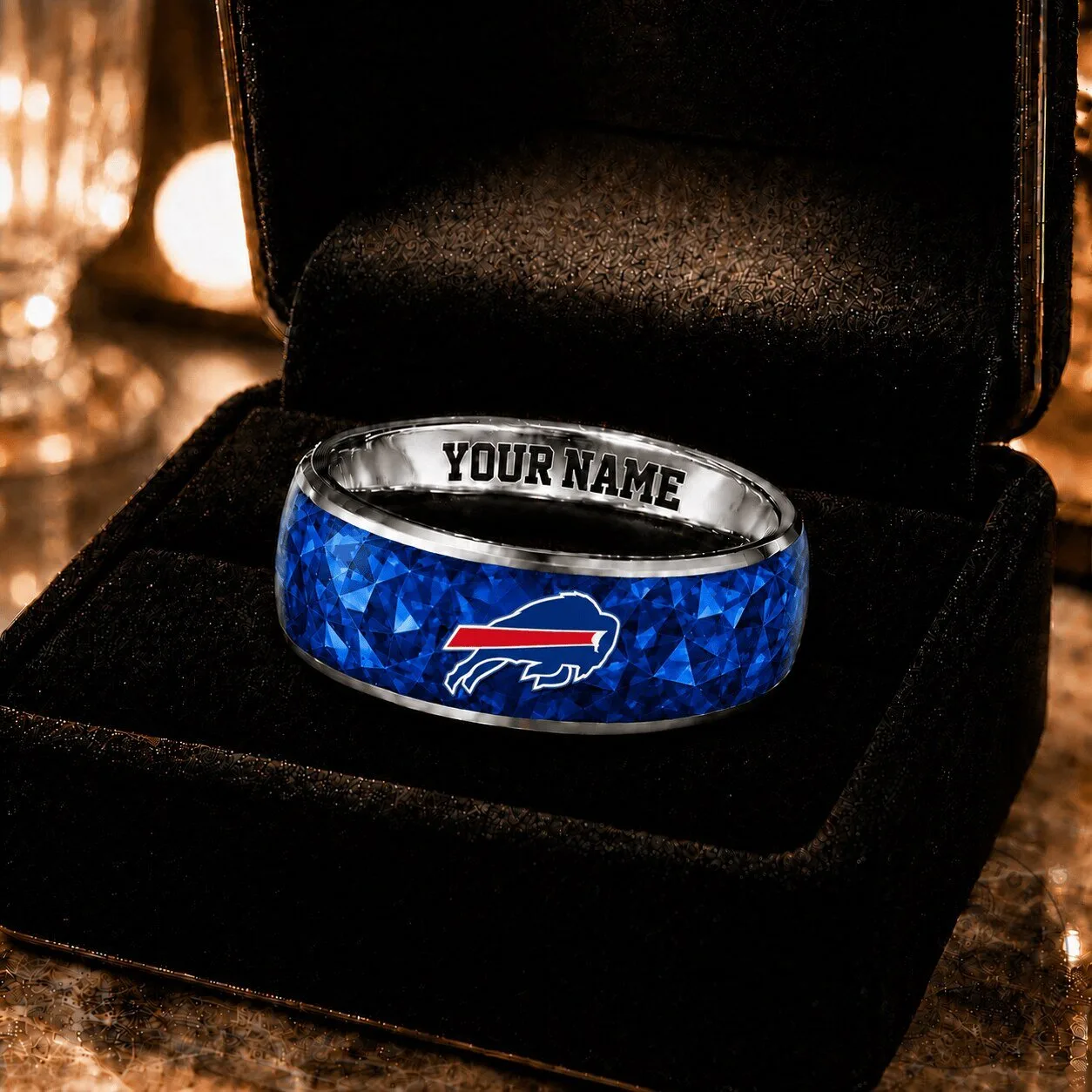 Buffalo Bills NFL Custom Name Engraved Blue Gemstone Ring