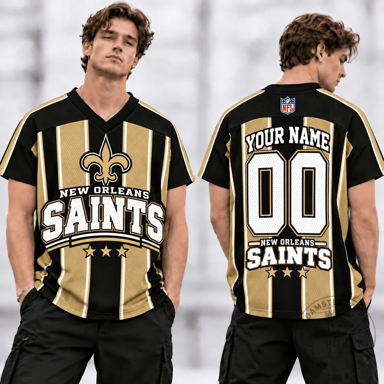 New Orleans Saints Personalized Black Gold Striped Football Jersey