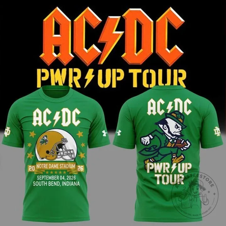 Green T-Shirt for the 2026 AC/DC Power Up Tour featuring Notre Dame Football