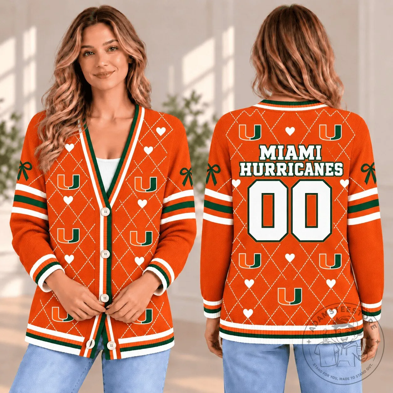 Miami Hurricanes Personalized Orange Argyle Heart Pattern Cardigan Sweater 1 Miami Hurricanes Personalized Orange Argyle Heart Pattern Cardigan Sweater