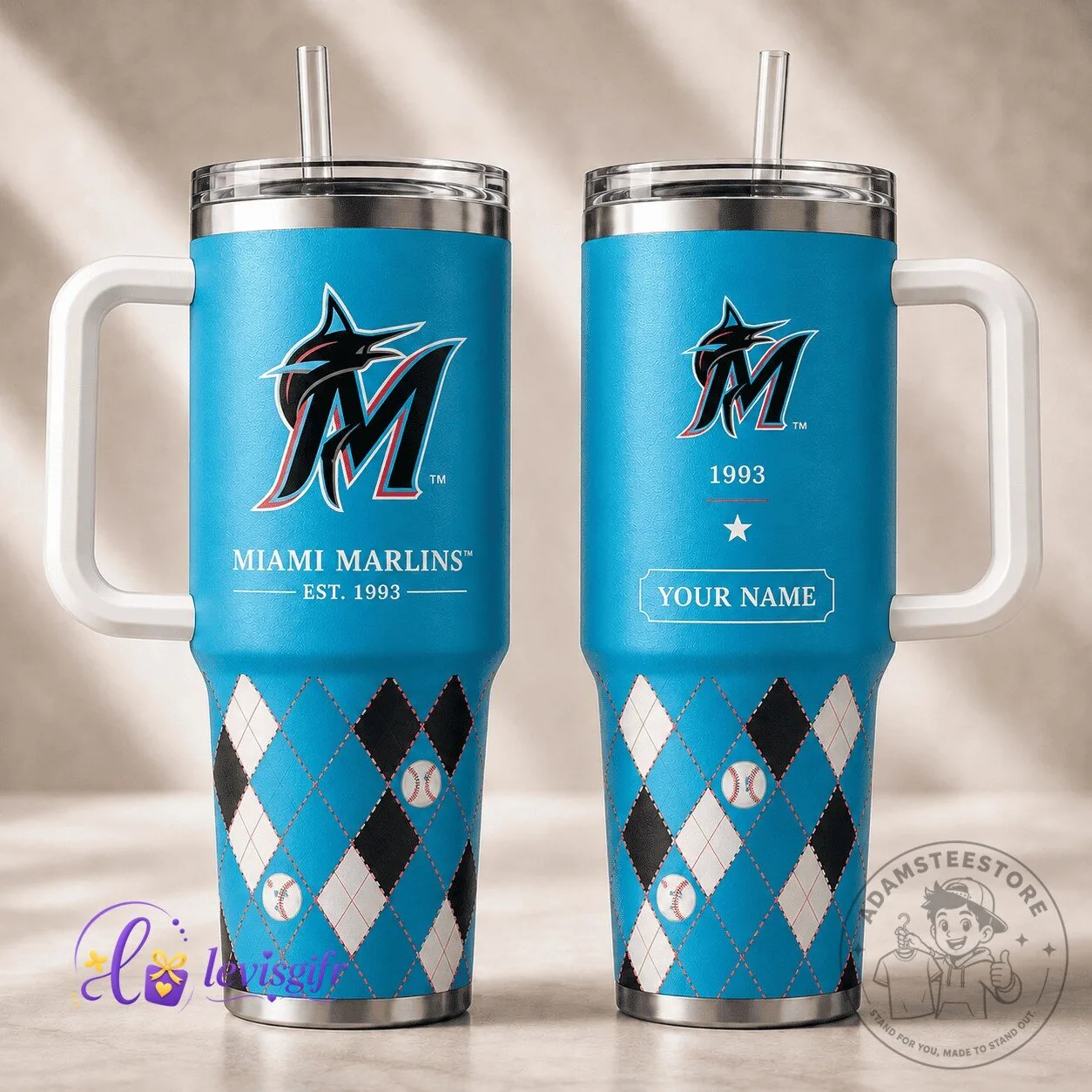 Miami Marlins Baseball Team Argyle Pattern Insulated Tumbler