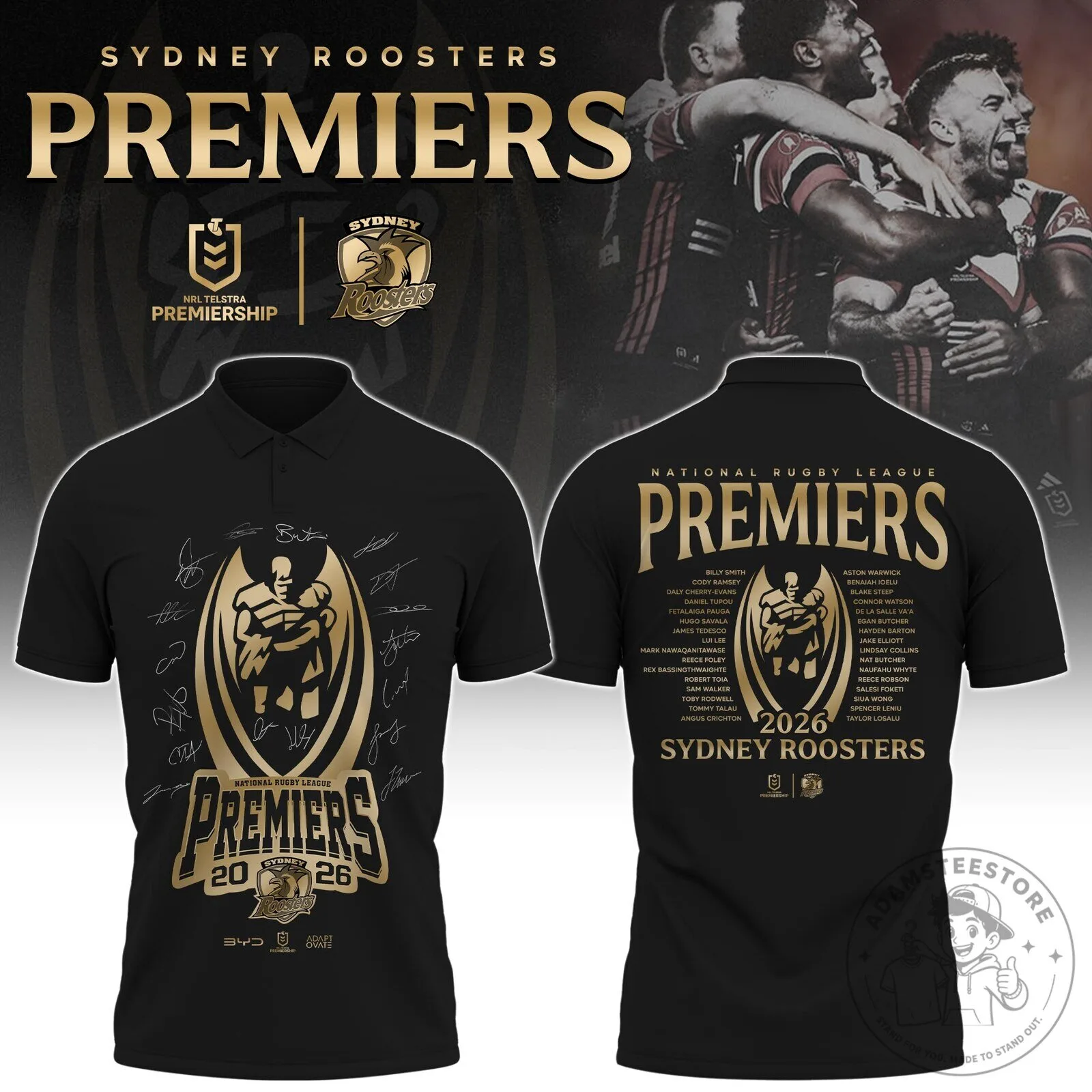 2026 Black Polo Shirt of Sydney Roosters National Rugby League Champions