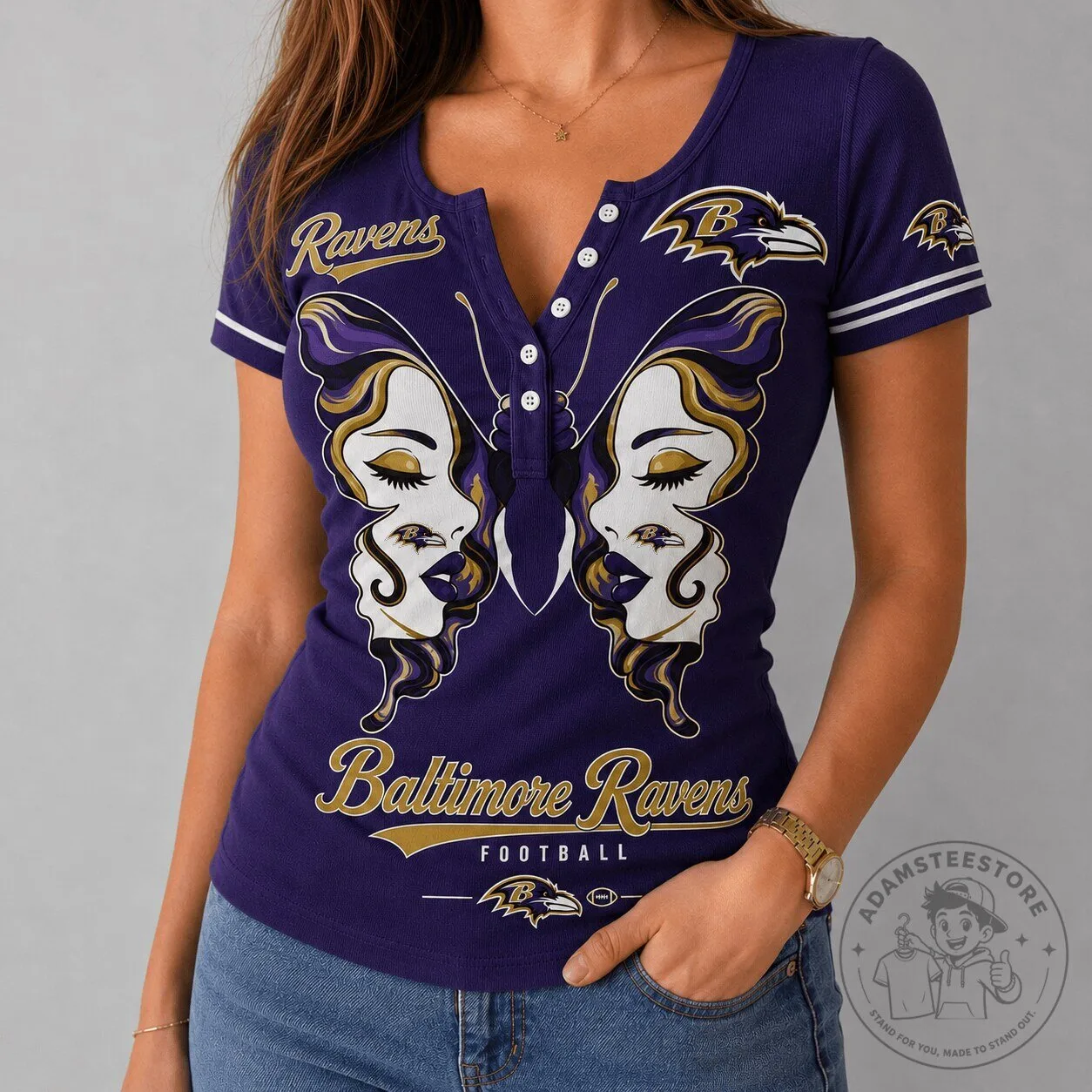 Baltimore Ravens Football Butterfly Wings Women's V-Neck T-Shirt