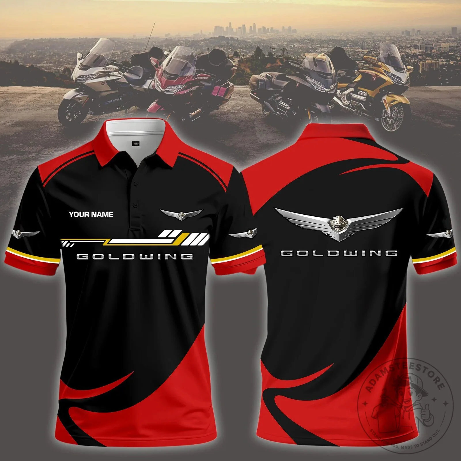 Honda Goldwing Motorcycle Personalized Red and Black Polo Shirt