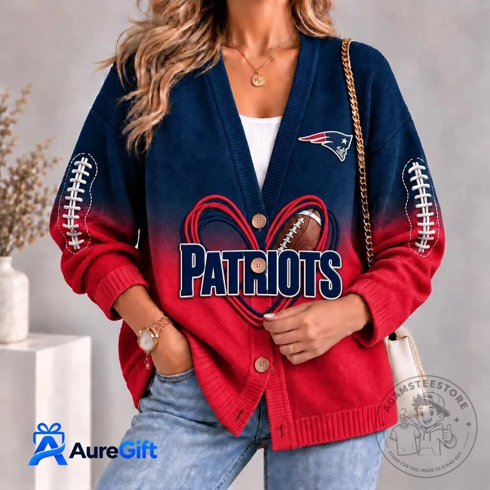 New England Patriots Football Team Gradient Red Blue Heart Cardigan