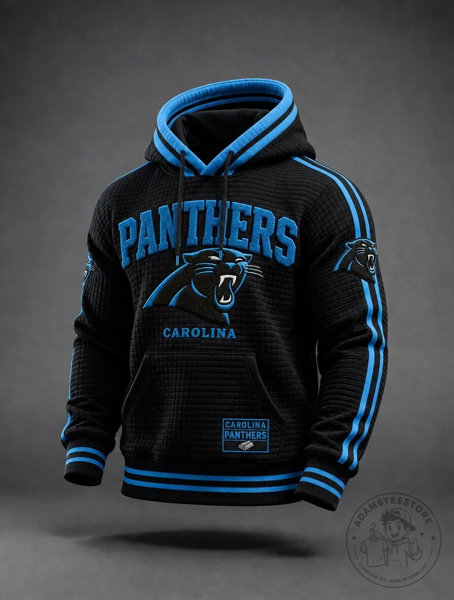 Carolina Panthers National Football League Black Quilted Hoodie with Blue Stripes