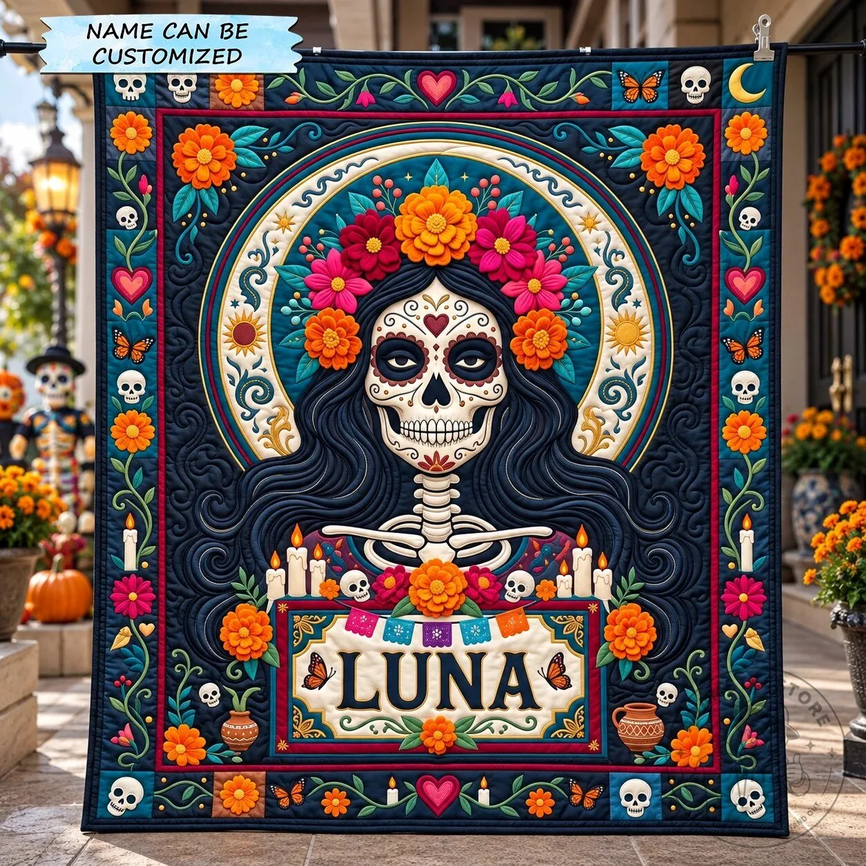 Custom Floral Quilted Blanket with Sugar Skull Design for Day of the Dead