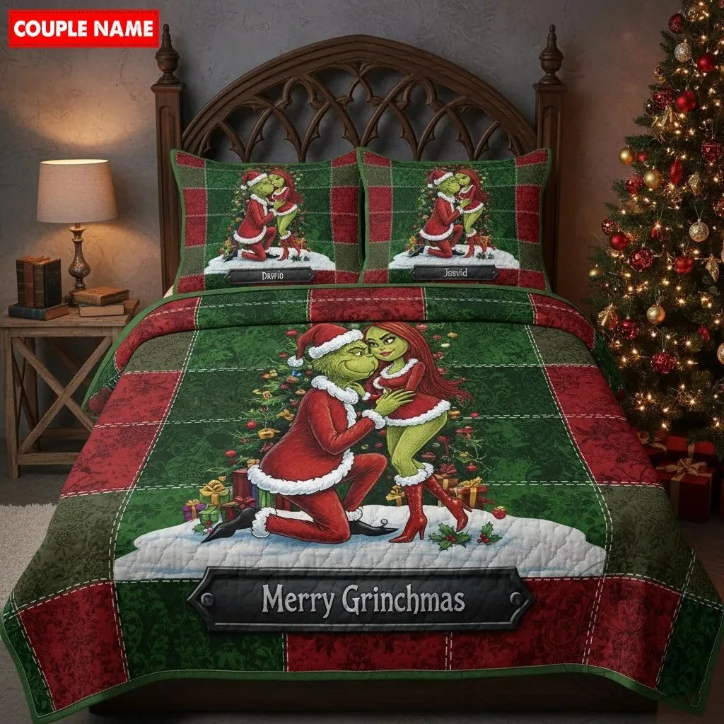 Personalized Grinch and Cindy Lou Who Merry Grinchmas Couple Bedding Set