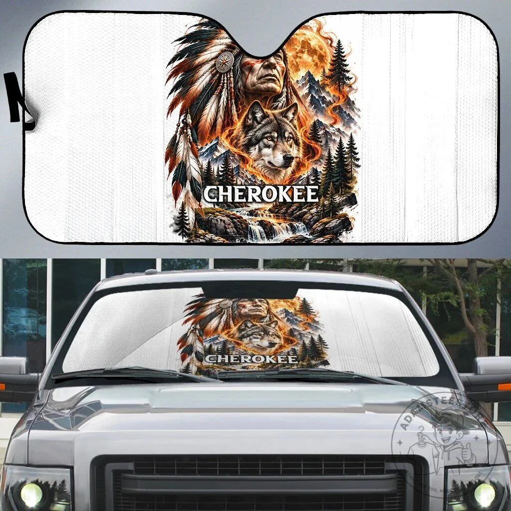 Cherokee Wolf and Native Chief Tribal Nature Landscape Fiery Moon Car Sunshade
