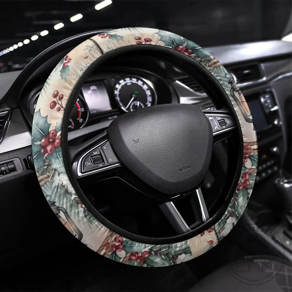 Christmas Holly Berry Pine Branch Winter Holiday Car Steering Wheel Cover
