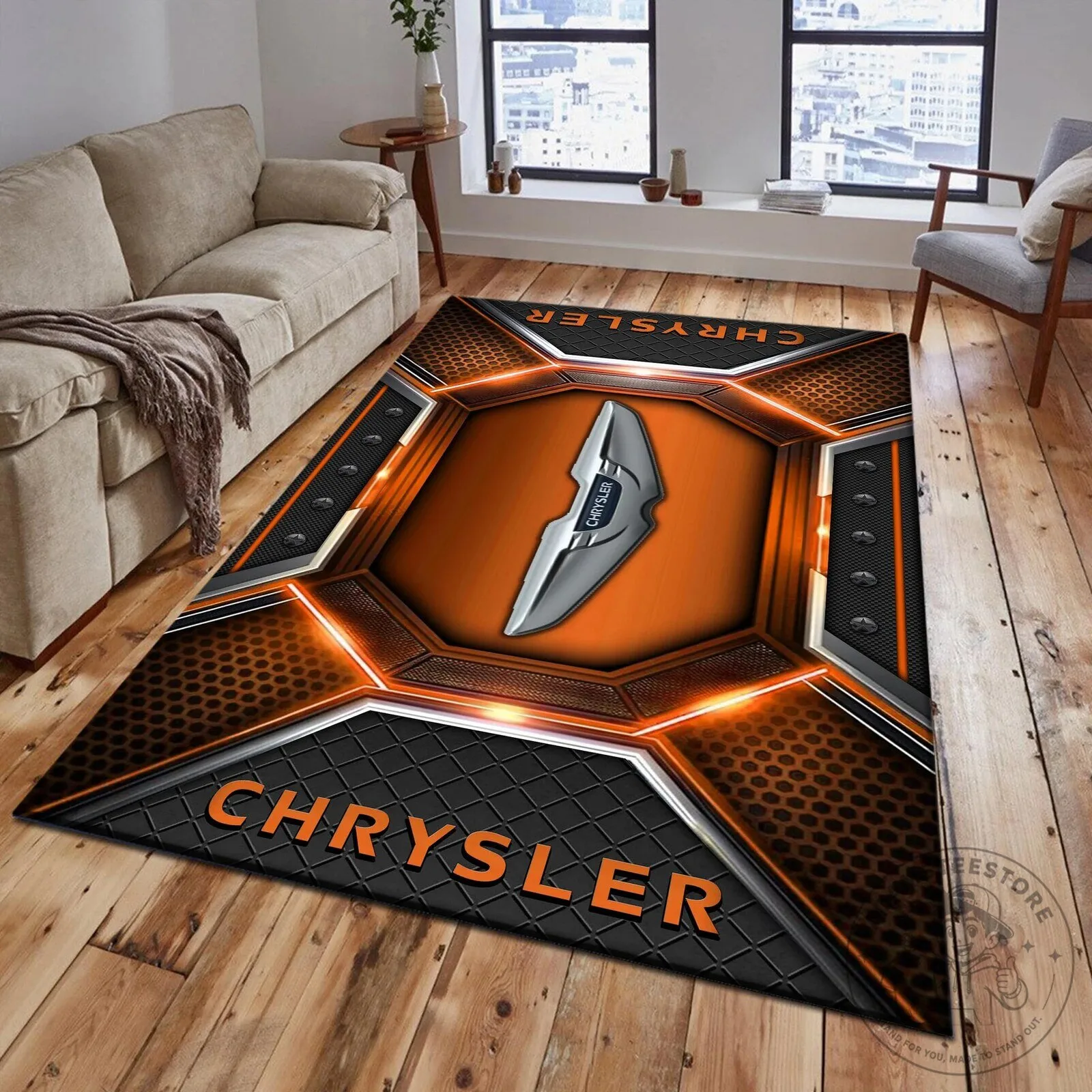 Chrysler Car Logo Orange and Black Geometric Pattern Area Rug
