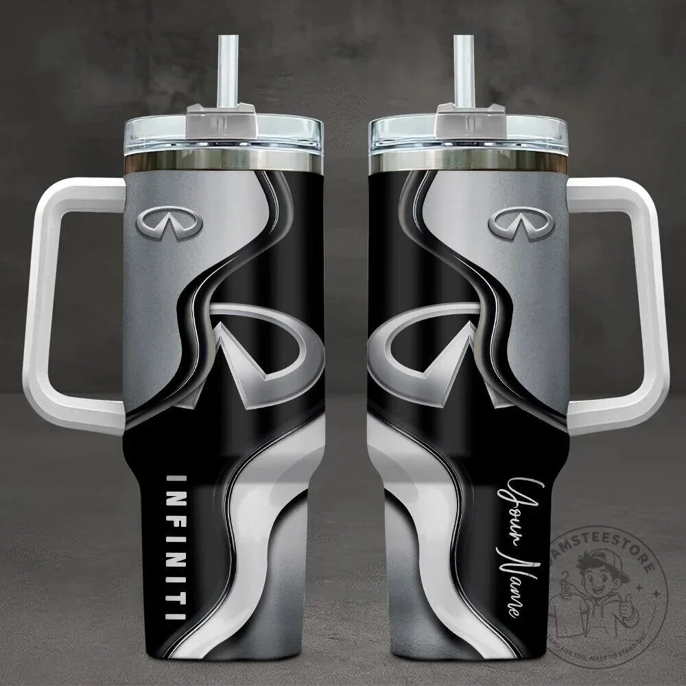 Infiniti Car Logo Personalized Name Black Silver Swirl 40oz Tumbler with Handle