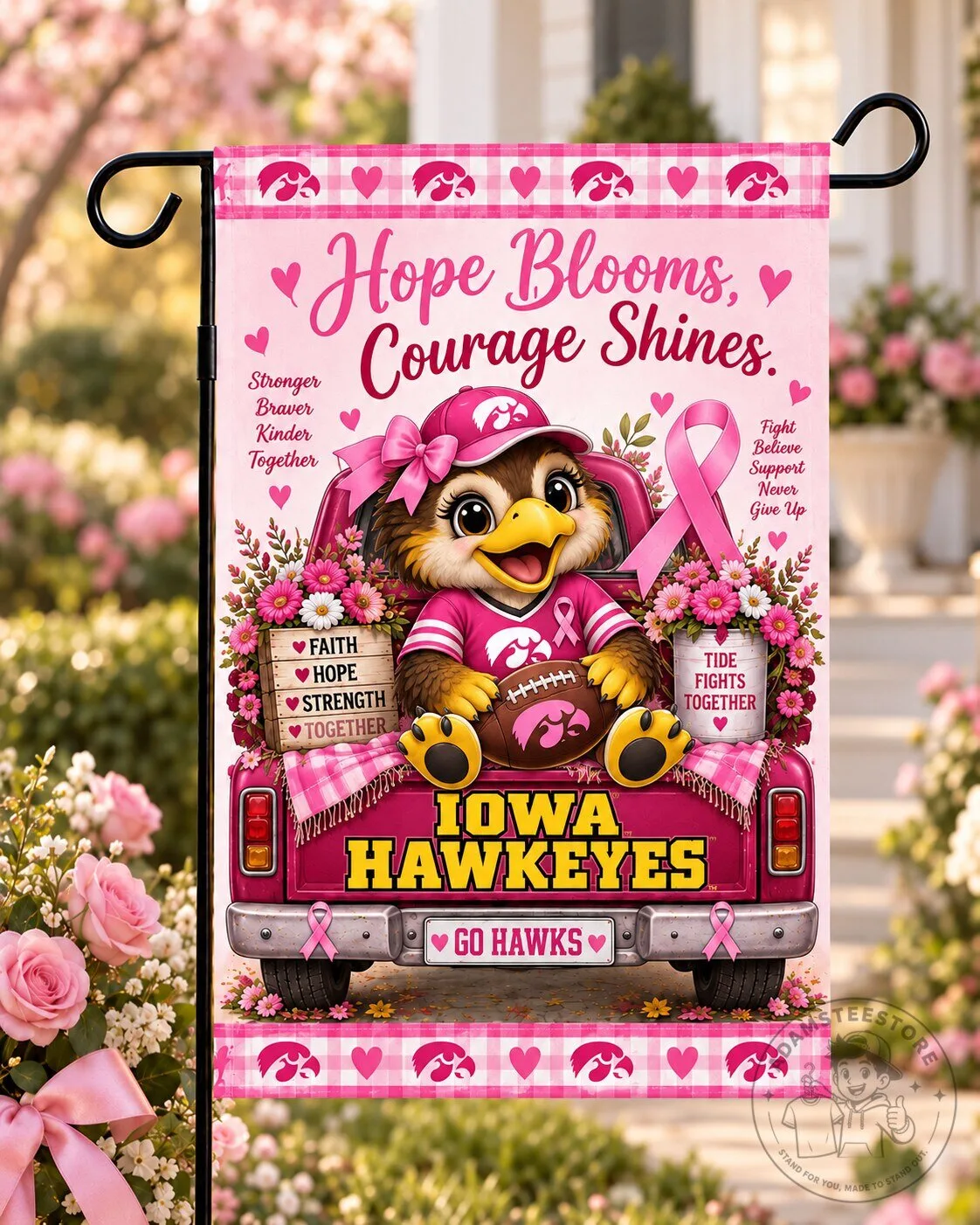 Iowa Hawkeyes Breast Cancer Awareness Hope Blooms Courage Shines Flag