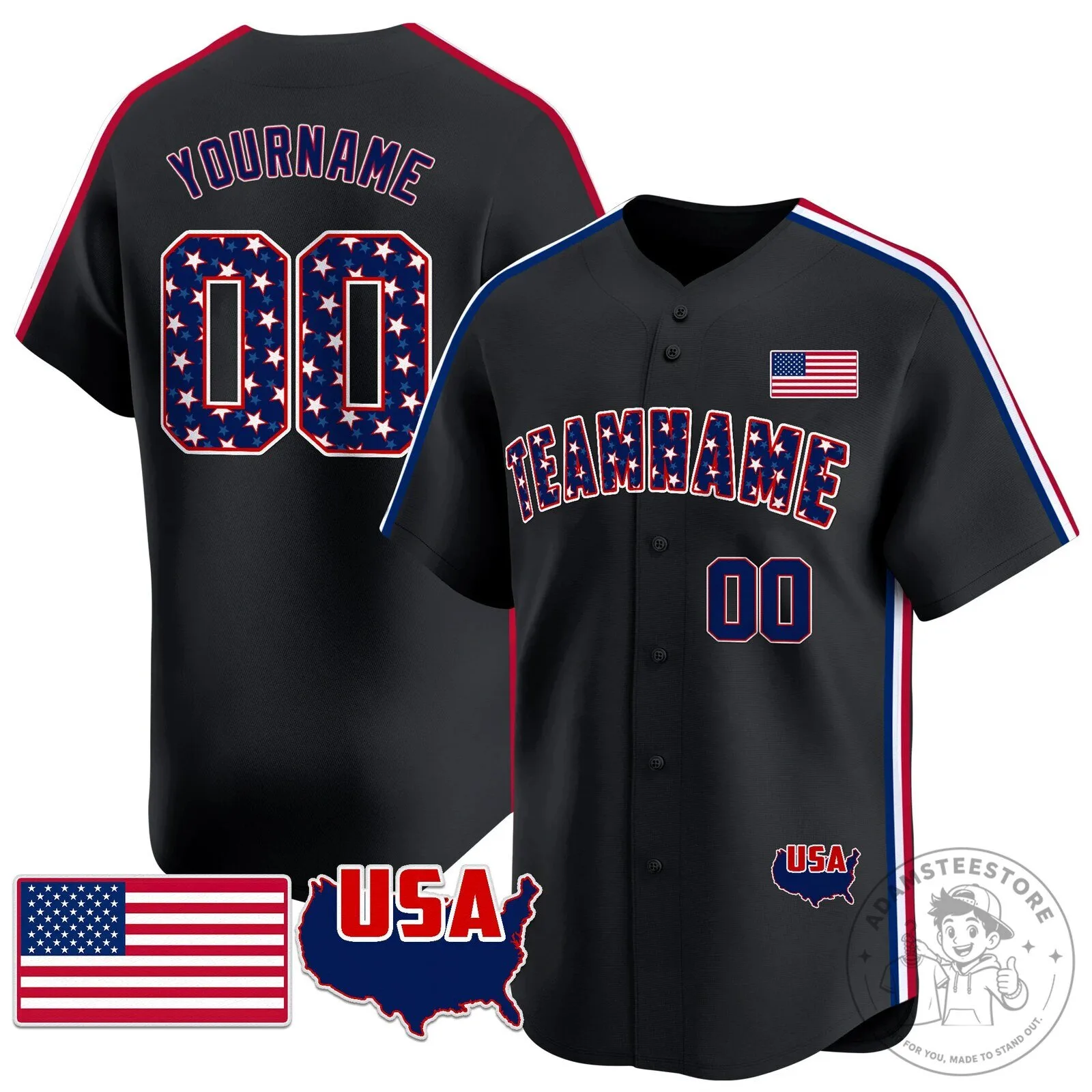 Custom American Flag Stars and Stripes Patriotic Baseball Jersey