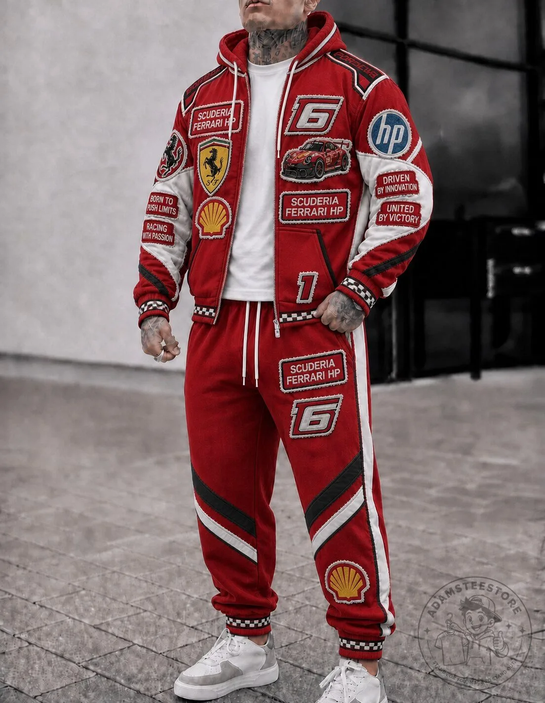 Scuderia Ferrari Racing Team Red Patchwork Tracksuit Hoodie and Sweatpants Set