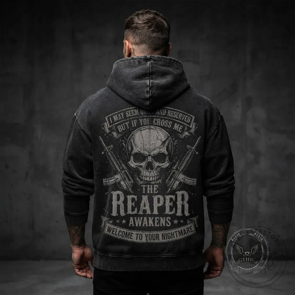 The Reaper Awakens Skull Vintage Washed Hoodie with Guns and Slogan 11 The Reaper Awakens Skull Vintage Washed Hoodie with Guns and Slogan