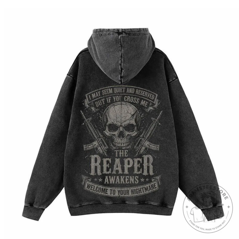The Reaper Awakens Skull Vintage Washed Hoodie with Guns and Slogan 12 The Reaper Awakens Skull Vintage Washed Hoodie with Guns and Slogan