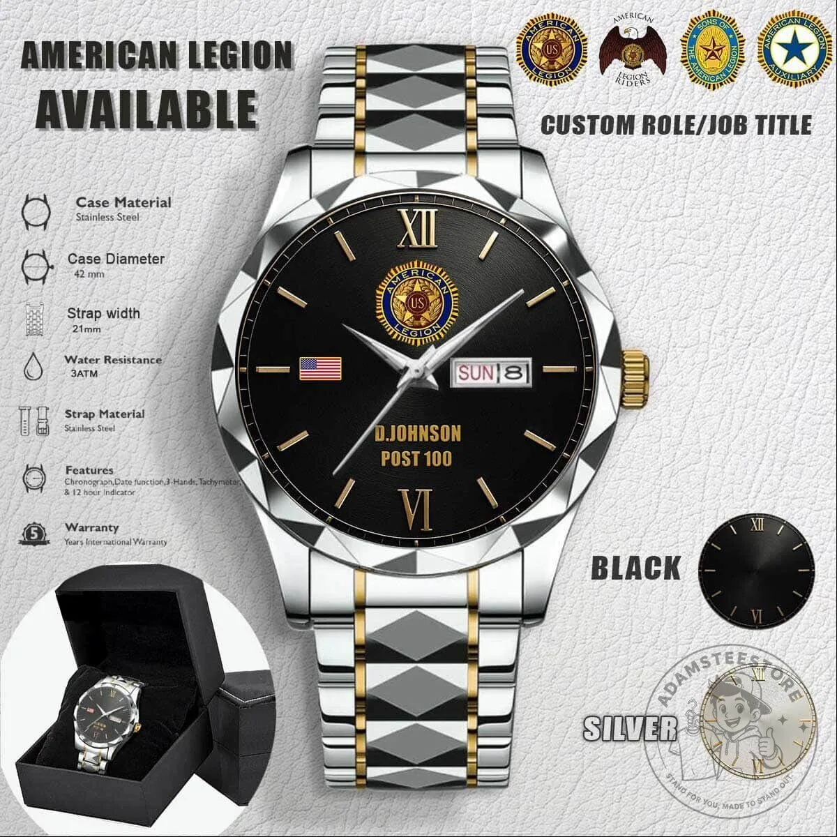 American Legion Stainless Steel Watch with Custom Role and Job Title Engraving