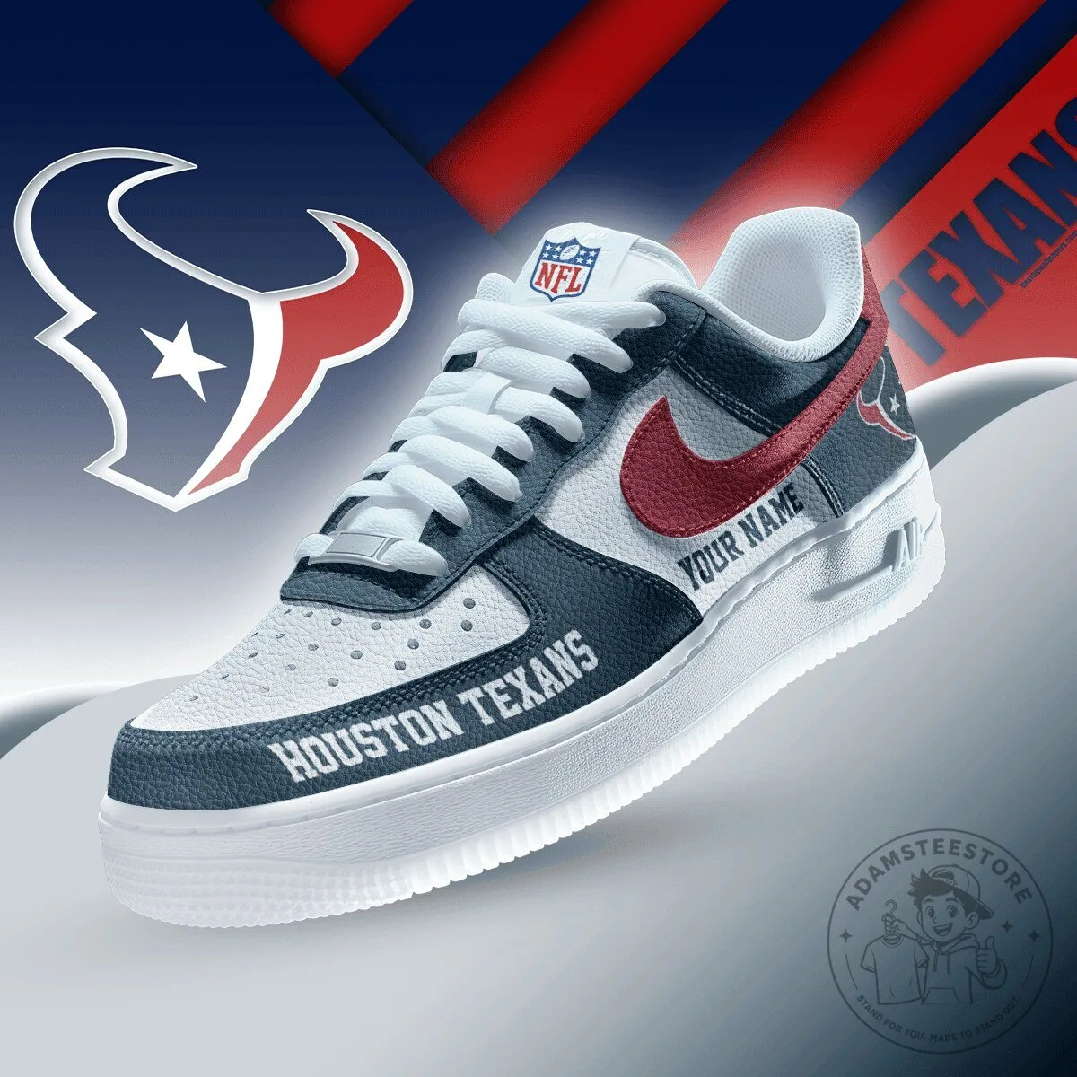 Houston Texans NFL Team Custom Name White and Navy Blue Sneakers