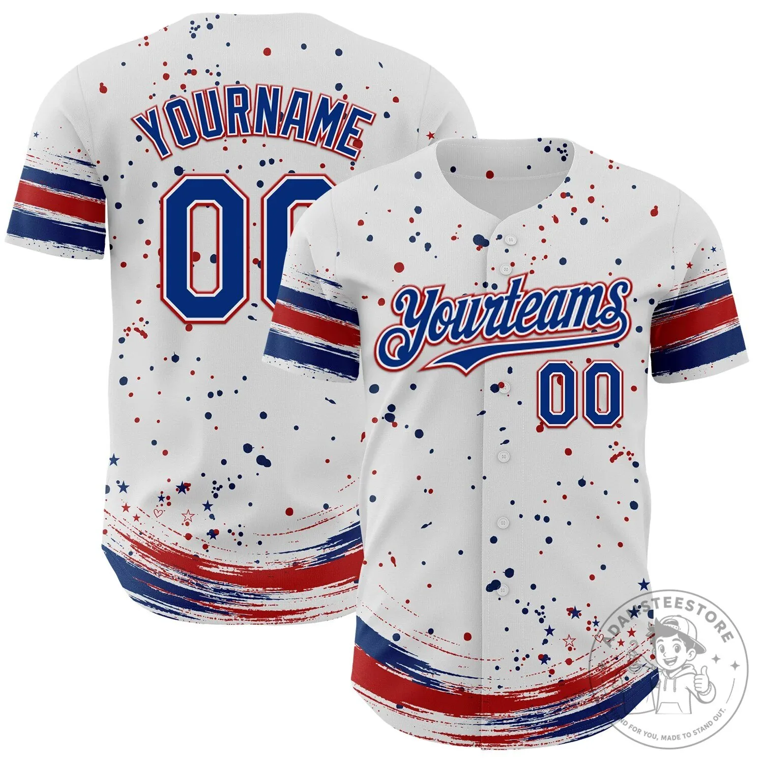 Custom White Royal Red Stars Paint Splatter Brush Stroke Baseball Jersey