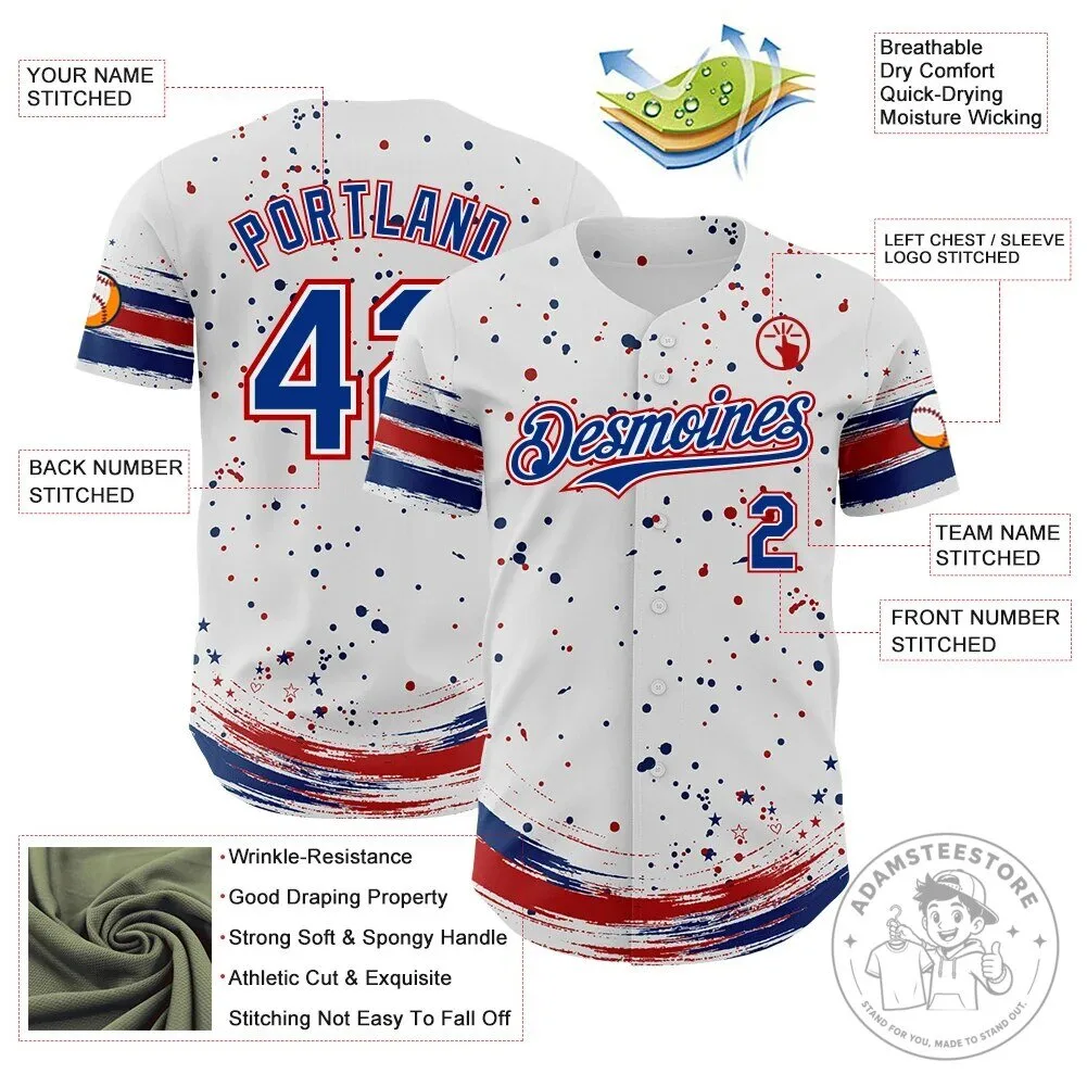 Custom White Royal Red Stars Paint Splatter Brush Stroke Baseball Jersey 11 Custom White Royal Red Stars Paint Splatter Brush Stroke Baseball Jersey