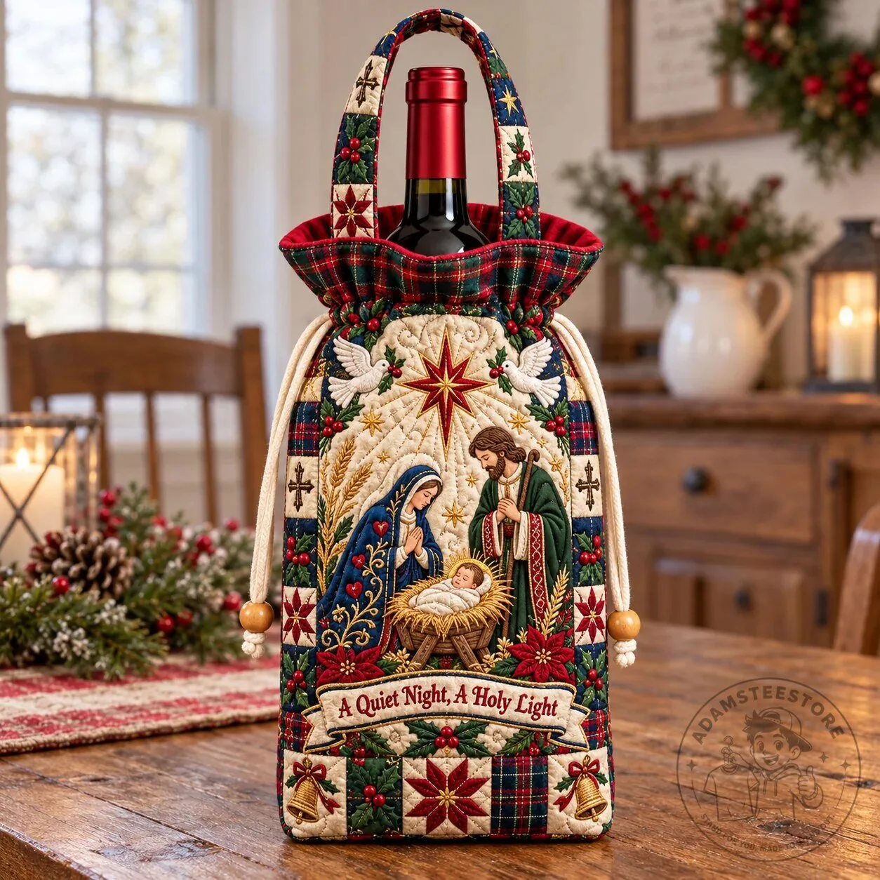 Nativity Scene Christmas Quilted Bottle Carrier Bag with Drawstring Closure