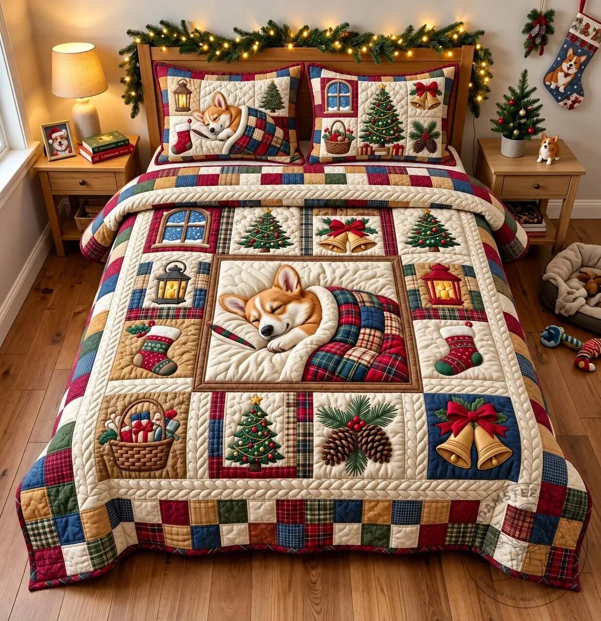 Christmas Corgi Patchwork Quilted Bedding Set