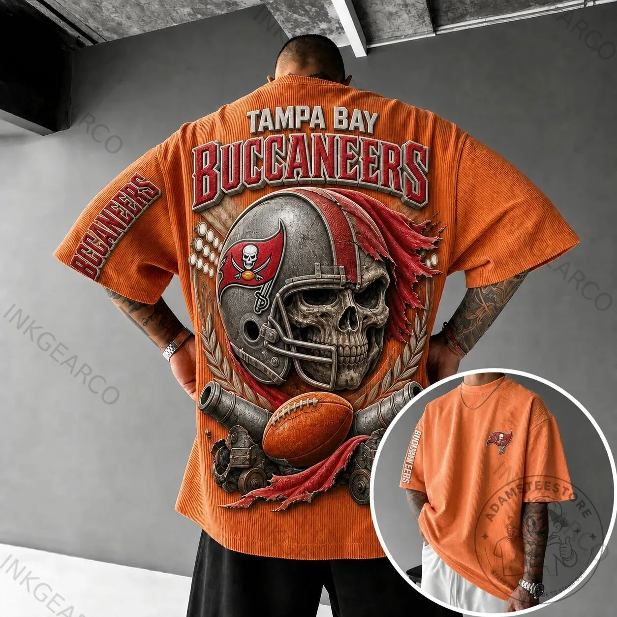 Tampa Bay Buccaneers Football Skull Helmet Graphic Print Orange T-Shirt