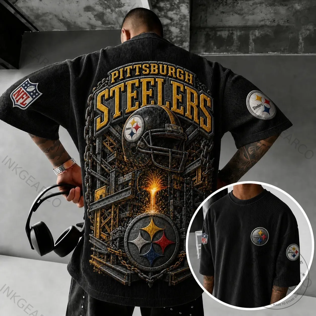 Black Oversized T-Shirt Featuring Pittsburgh Steelers NFL Team Logo