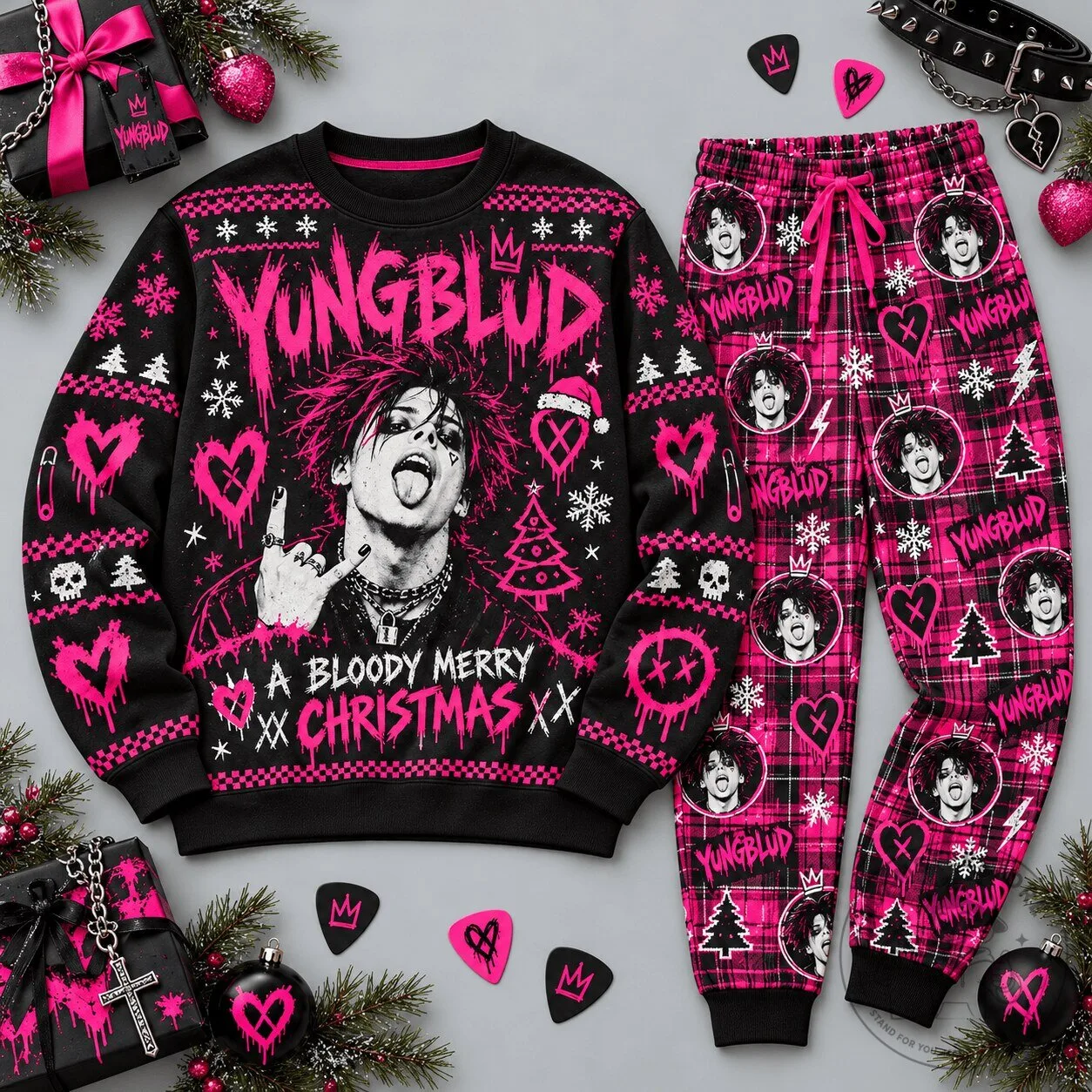 Yungblud Bloody Merry Christmas Pink Hearts Black Ugly Christmas Sweater