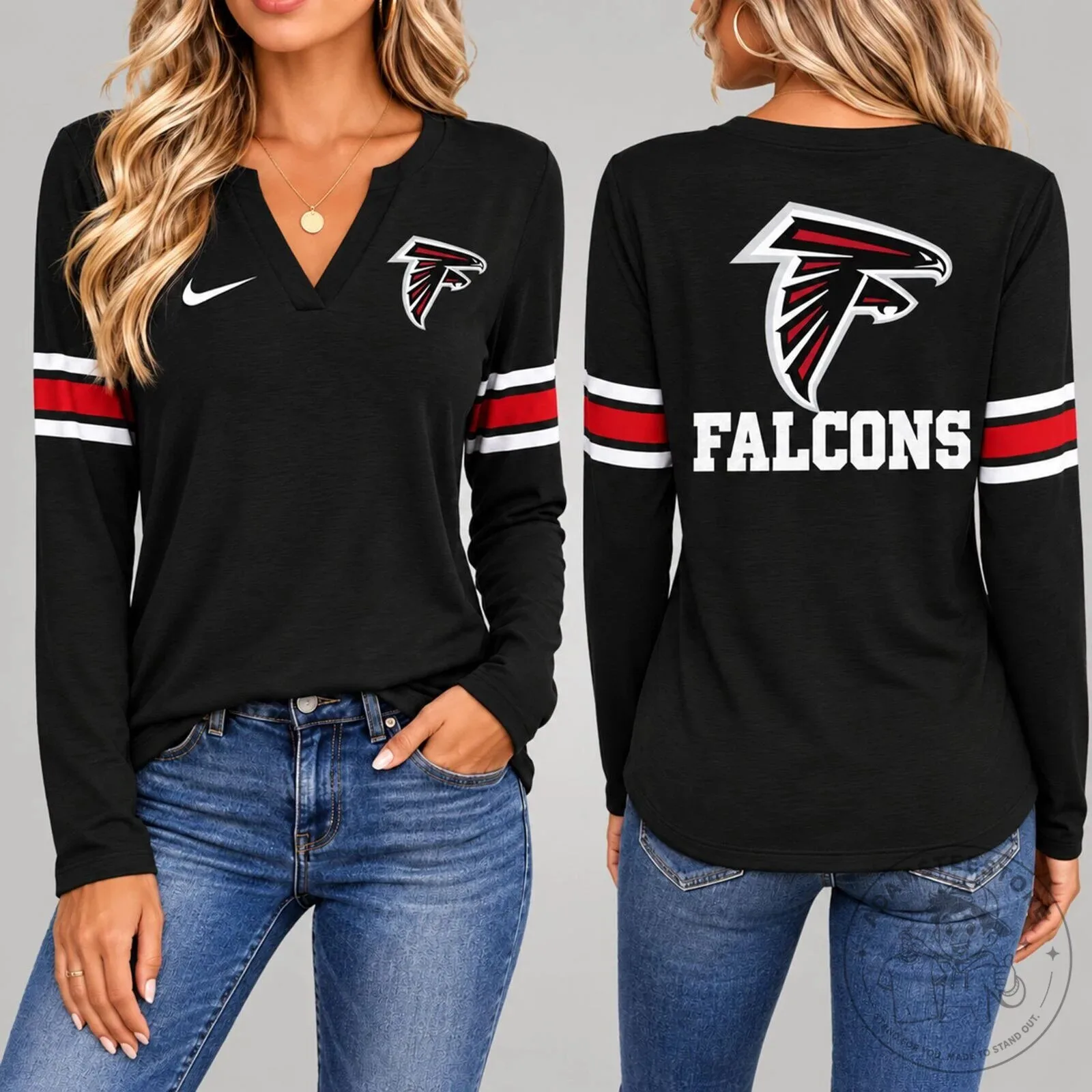 Atlanta Falcons Women's Vintage V-Neck Long Sleeve Fan Shirt