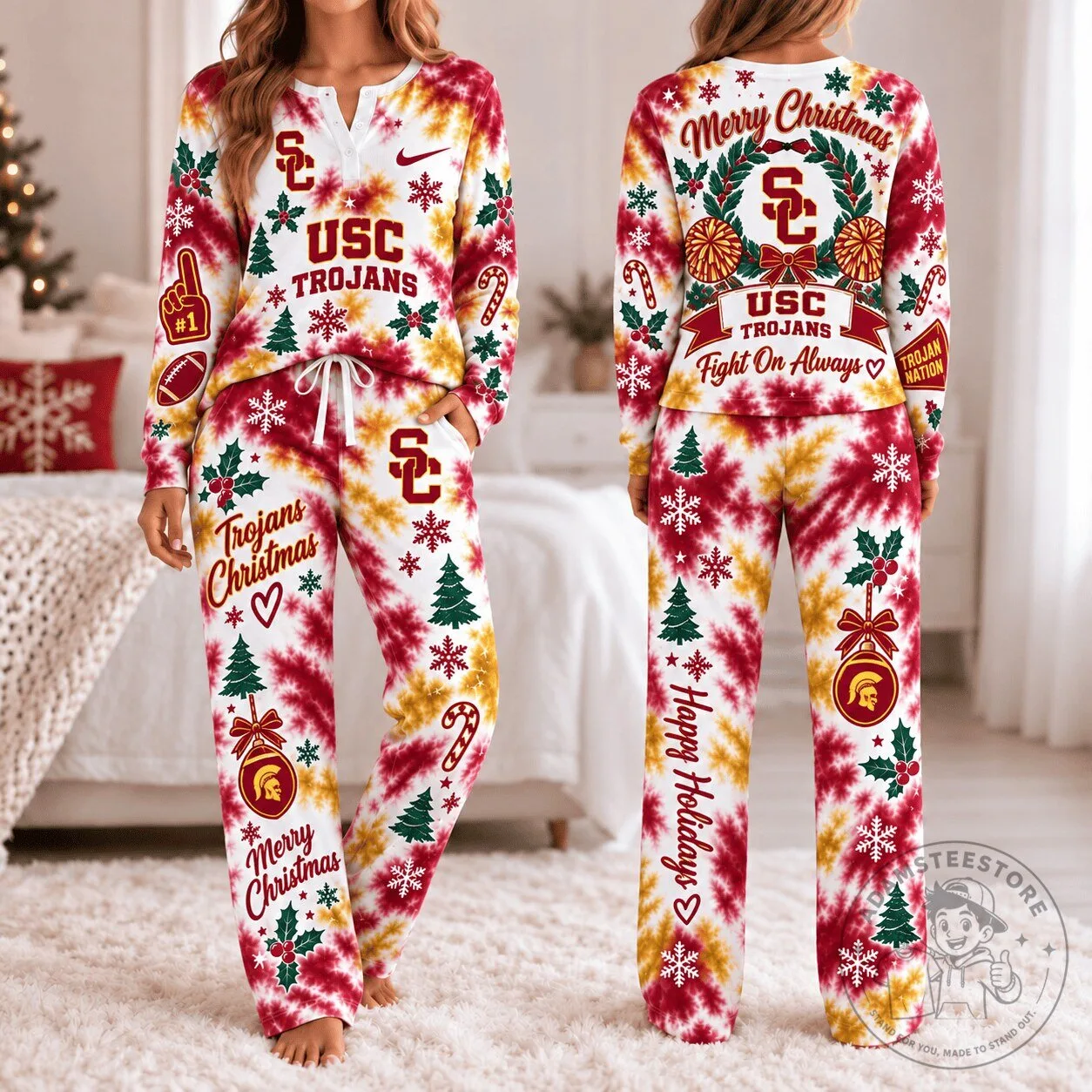 USC Trojans Christmas Tie-Dye Long Sleeve Button Neck Pajamas Set
