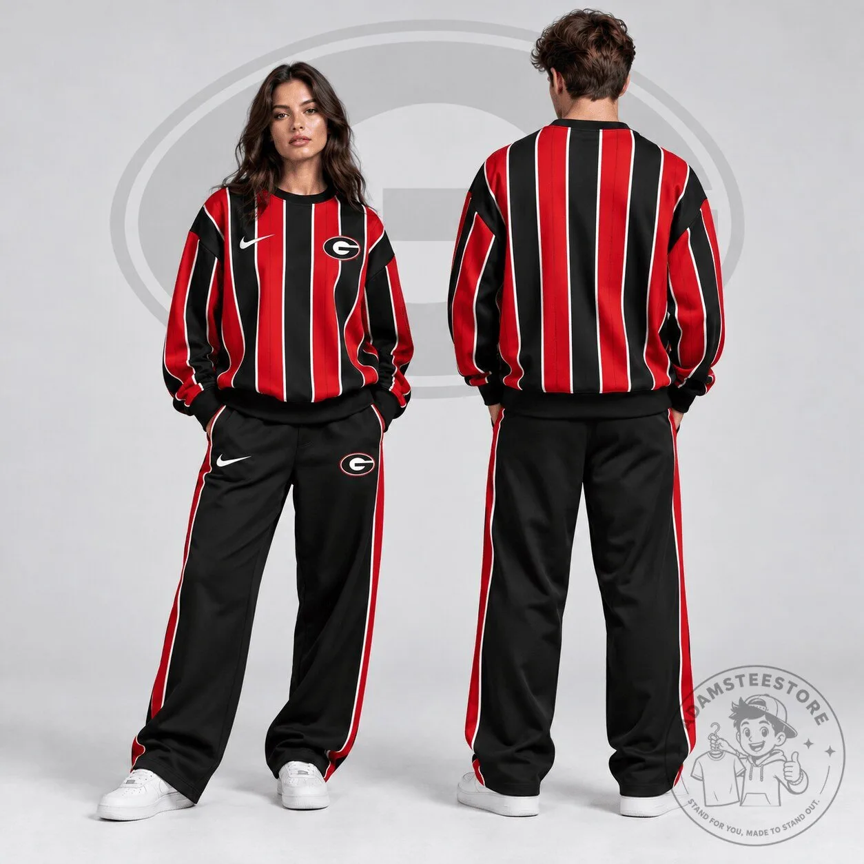 Georgia Bulldogs Vertical Stripe Crewneck Sweatshirt and Wide Leg Track Pants Set