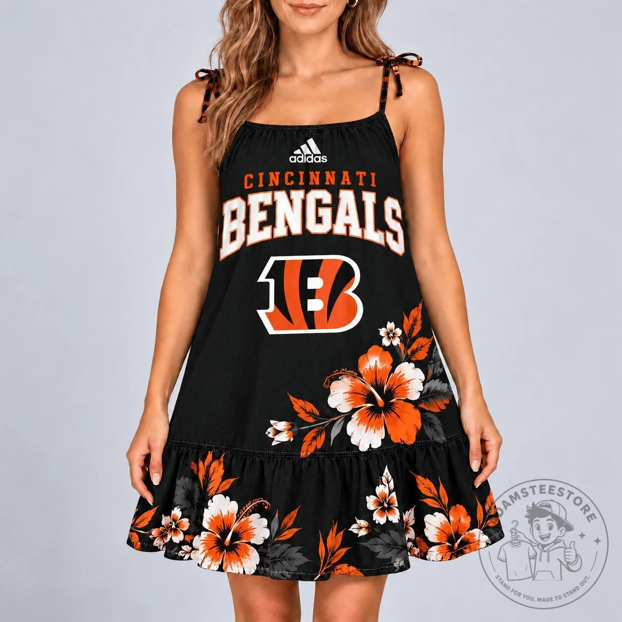 Cincinnati Bengals Hawaiian Floral Pattern Ruffle Strap Dress for Women 2 Cincinnati Bengals Hawaiian Floral Pattern Ruffle Strap Dress for Women