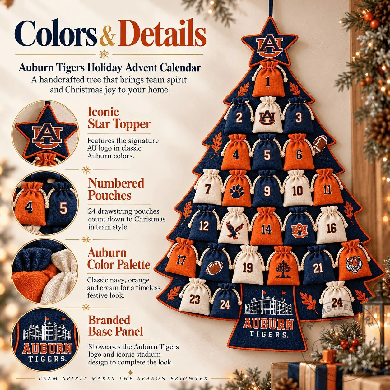 Auburn Tigers Holiday Advent Calendar Christmas Tree Countdown Wall Hanging