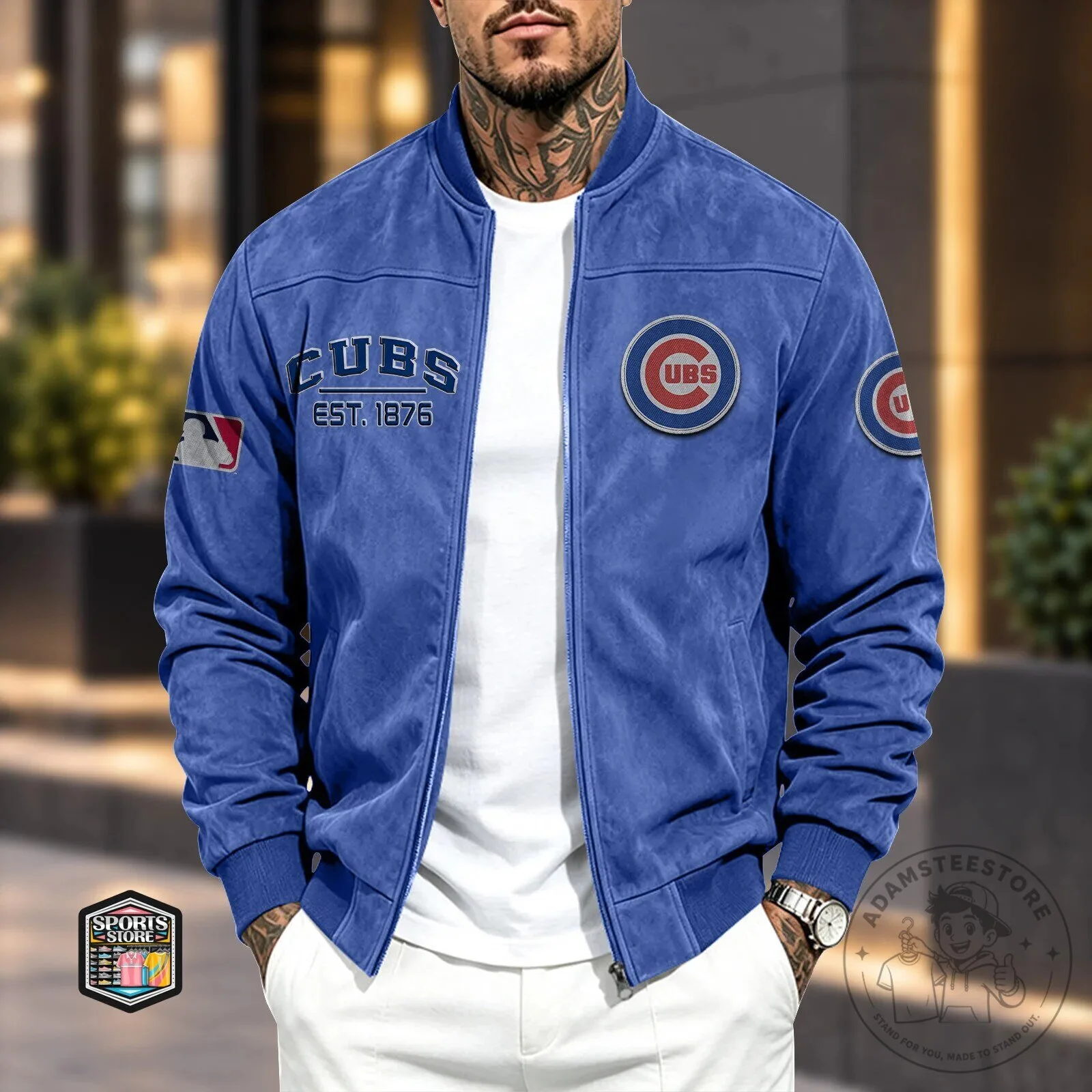 Chicago Cubs Baseball Team Logo Royal Blue Suede Bomber Jacket