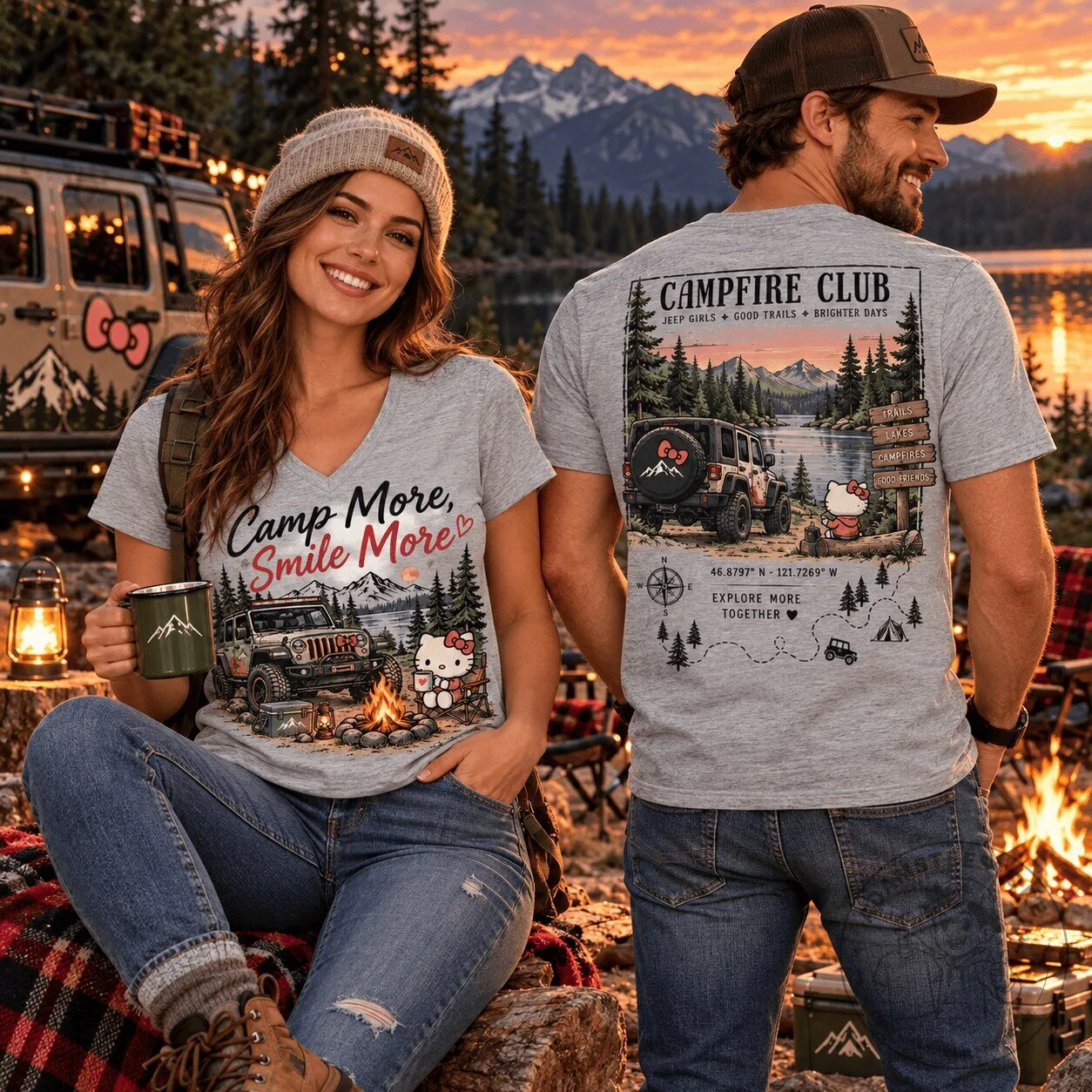 Hello Kitty Campfire Club Jeep Girls Camp More Smile More V-Neck T-Shirt
